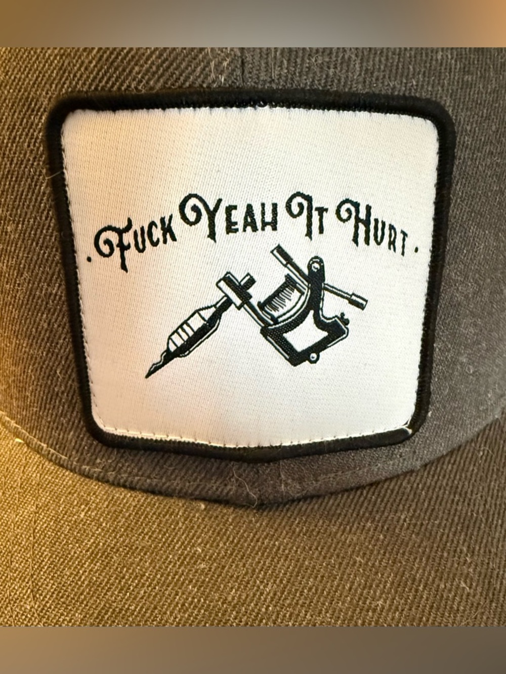 Gray & White Trucker Hat with Tattoo Shop Patch - Picture 2 of 10